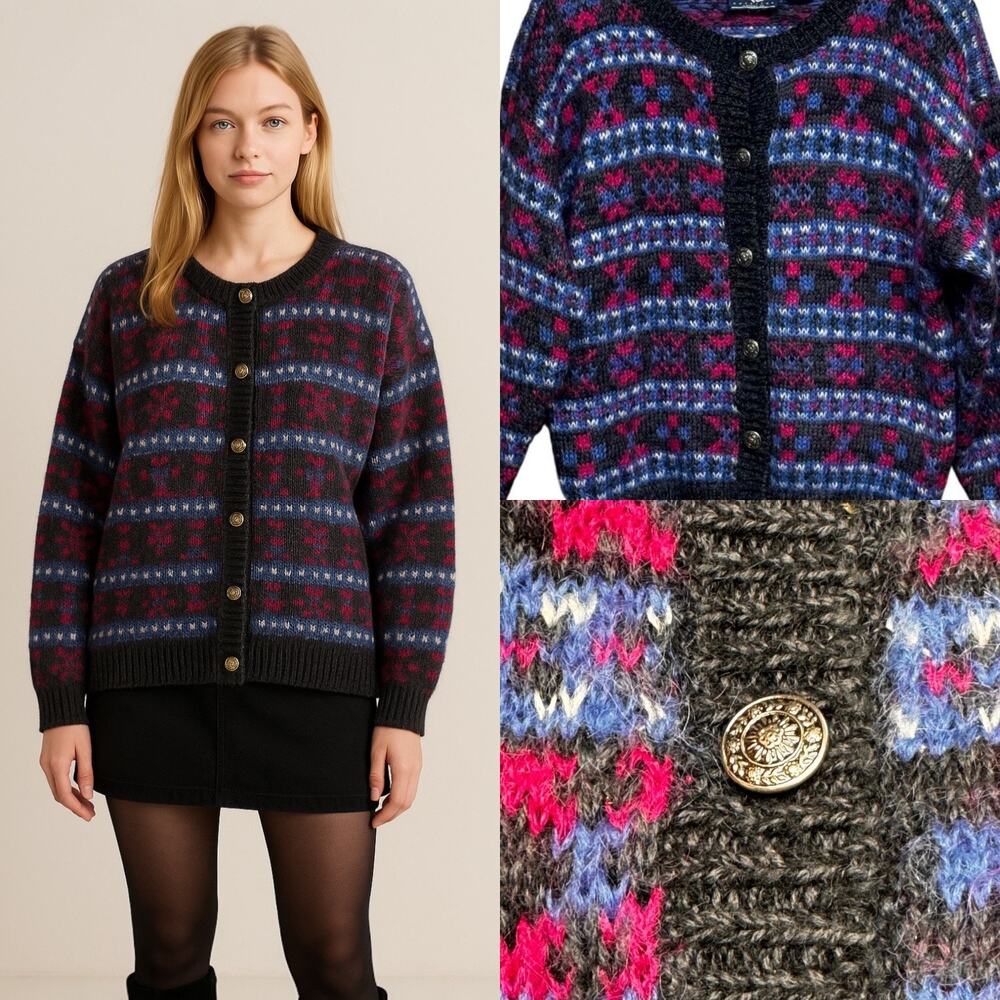 VTG Best American Clothing Co Mohair Knit Fair Isle Cardigan Womens Large